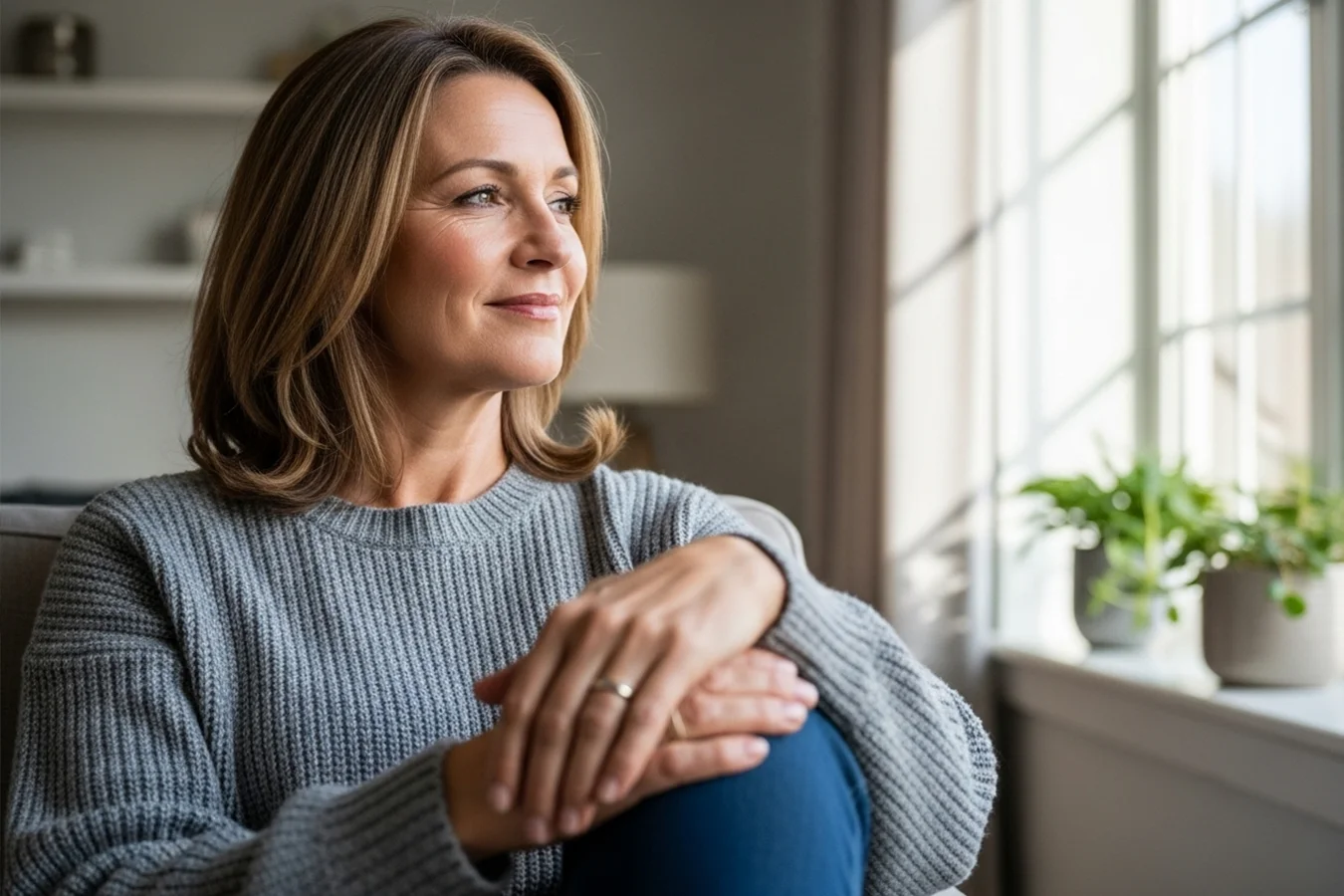 Женщина с улыбкой смотрит в окно